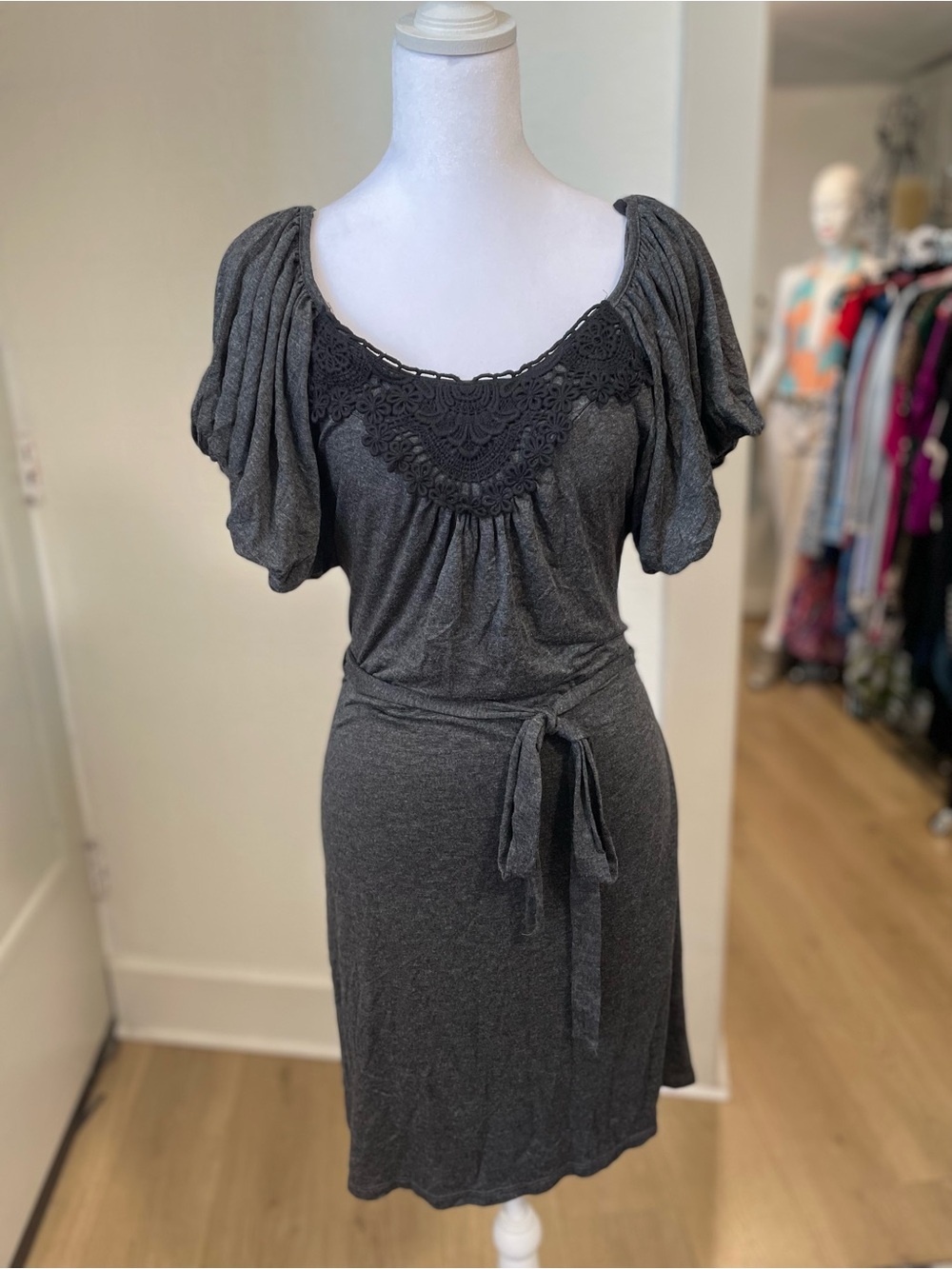 Wrapper Charcoal Gray Knit Top with Black Crochet Yoke